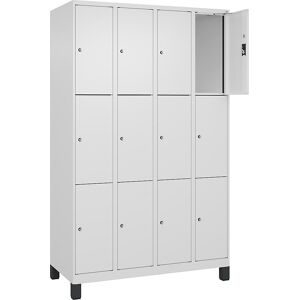 kaiserkraft 3er-Schließfachschrank Evolo PLUS, 4 Abteile, weiß, B 1200 mm, 12 Fächer, mit breiten Füßen, Zylinderschloss