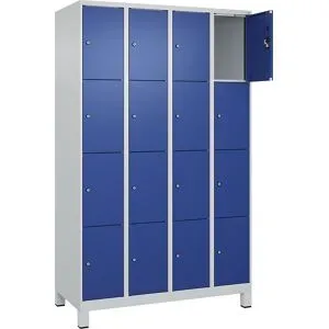 kaiserkraft 4er-Schließfachschrank Evolo PLUS, 4 Abteile, lichtgrau / enzianblau, B 1200 mm, 16 Fächer, mit breiten Füßen, Zylinderschloss
