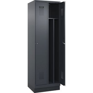kaiserkraft Schwarz-Weiß-Spind Evolo PLUS, schmal, 2 Abteile, verkürzte Trennwand mittig, grau, B 600 mm, mit Bodensockel, Zylinderschloss