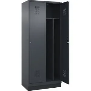 kaiserkraft Schwarz-Weiß-Spind Evolo PLUS, schmal, 2 Abteile, verkürzte Trennwand mittig, grau, B 800 mm, mit Bodensockel, Zylinderschloss
