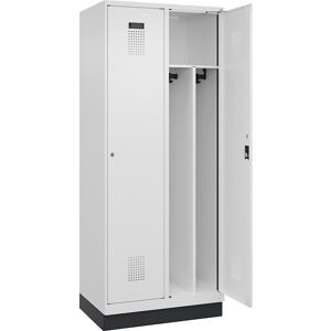 kaiserkraft Schwarz-Weiß-Spind Evolo PLUS, schmal, 2 Abteile, verkürzte Trennwand mittig, weiß, B 800 mm, mit Bodensockel, Zylinderschloss