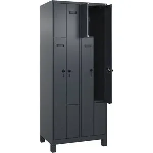 kaiserkraft Z-Spind Evolo PLUS, 2 Abteile, grau, B 800 mm, 4 Fächer, mit breiten Füßen, Sicherheits-Drehriegel