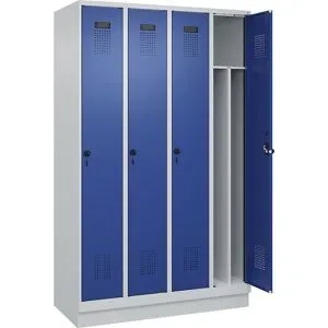 kaiserkraft Schwarz-Weiß-Spind Evolo PLUS, schmal, 4 Abteile, verkürzte Trennwand mittig, lichtgrau / enzianblau, B 1200 mm, mit Bodensockel,