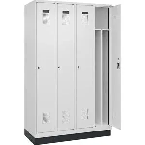 kaiserkraft Schwarz-Weiß-Spind Evolo PLUS, schmal, 4 Abteile, verkürzte Trennwand mittig, weiß, B 1200 mm, mit Bodensockel, Zylinderschloss