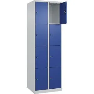 kaiserkraft 4er-Schließfachschrank Evolo PLUS, 2 Abteile, lichtgrau / enzianblau, B 600 mm, 8 Fächer, mit Bodengleitern, Zylinderschloss
