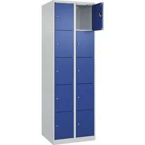kaiserkraft 5er-Schließfachschrank Evolo PLUS, 2 Abteile, lichtgrau / enzianblau, B 600 mm, 10 Fächer, mit Bodengleitern, Zylinderschloss