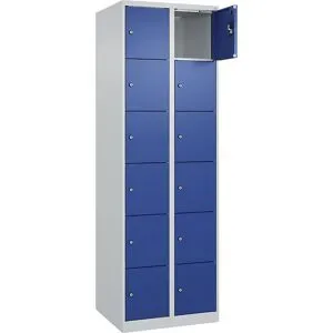 kaiserkraft 6er-Schließfachschrank Evolo PLUS, 2 Abteile, lichtgrau / enzianblau, B 600 mm, 12 Fächer, mit Bodengleitern, Zylinderschloss