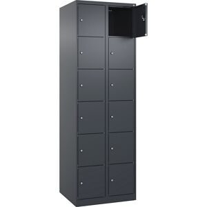 kaiserkraft 6er-Schließfachschrank Evolo PLUS, 2 Abteile, grau, B 600 mm, 12 Fächer, mit Bodengleitern, Zylinderschloss