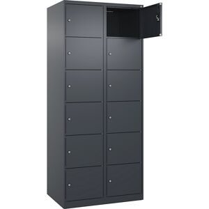 kaiserkraft 6er-Schließfachschrank Evolo PLUS, 2 Abteile, grau, B 800 mm, 12 Fächer, mit Bodengleitern, Zylinderschloss