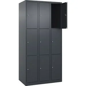 kaiserkraft 3er-Schließfachschrank Evolo PLUS, 3 Abteile, grau, B 900 mm, 9 Fächer, mit Bodengleitern, Zylinderschloss