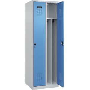 kaiserkraft Schwarz-Weiß-Spind Evolo PLUS, schmal, 2 Abteile, verkürzte Trennwand mittig, lichtgrau / lichtblau, B 600 mm, mit Bodengleitern,