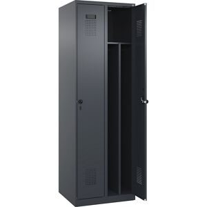 kaiserkraft Schwarz-Weiß-Spind Evolo PLUS, schmal, 2 Abteile, verkürzte Trennwand mittig, grau, B 600 mm, mit Bodengleitern, Sicherheits-Drehriegel