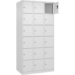kaiserkraft 6er-Schließfachschrank Evolo PLUS, 3 Abteile, weiß, B 900 mm, 18 Fächer, mit Bodengleitern, Zylinderschloss