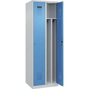 kaiserkraft Schwarz-Weiß-Spind Evolo PLUS, schmal, 2 Abteile, verkürzte Trennwand mittig, lichtgrau / lichtblau, B 600 mm, mit Bodengleitern, Zylinderschloss