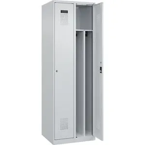 kaiserkraft Schwarz-Weiß-Spind Evolo PLUS, schmal, 2 Abteile, verkürzte Trennwand mittig, lichtgrau, B 600 mm, mit Bodengleitern, Zylinderschloss