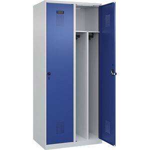 kaiserkraft Schwarz-Weiß-Spind Evolo PLUS, schmal, 2 Abteile, verkürzte Trennwand mittig, lichtgrau / enzianblau, B 800 mm, mit Bodengleitern,