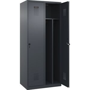 kaiserkraft Schwarz-Weiß-Spind Evolo PLUS, schmal, 2 Abteile, verkürzte Trennwand mittig, grau, B 800 mm, mit Bodengleitern, Sicherheits-Drehriegel