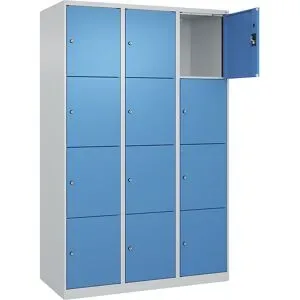 kaiserkraft 4er-Schließfachschrank Evolo PLUS, 3 Abteile, lichtgrau / lichtblau, B 1200 mm, 12 Fächer, mit Bodengleitern, Zylinderschloss