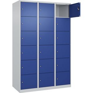 kaiserkraft 6er-Schließfachschrank Evolo PLUS, 3 Abteile, lichtgrau / enzianblau, B 1200 mm, 18 Fächer, mit Bodengleitern, Zylinderschloss