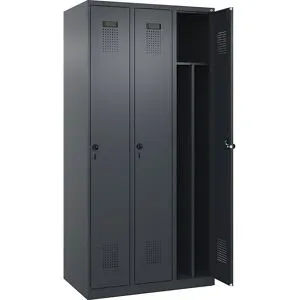 kaiserkraft Schwarz-Weiß-Spind Evolo PLUS, schmal, 3 Abteile, verkürzte Trennwand mittig, grau, B 900 mm, mit Bodengleitern, Sicherheits-Drehriegel