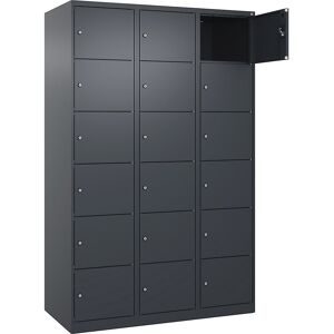 kaiserkraft 6er-Schließfachschrank Evolo PLUS, 3 Abteile, grau, B 1200 mm, 18 Fächer, mit Bodengleitern, Zylinderschloss