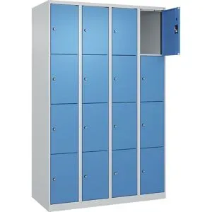 kaiserkraft 4er-Schließfachschrank Evolo PLUS, 4 Abteile, lichtgrau / lichtblau, B 1200 mm, 16 Fächer, mit Bodengleitern, Zylinderschloss
