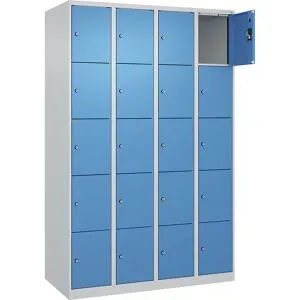 kaiserkraft 5er-Schließfachschrank Evolo PLUS, 4 Abteile, lichtgrau / lichtblau, B 1200 mm, 20 Fächer, mit Bodengleitern, Zylinderschloss