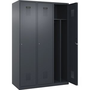 kaiserkraft Schwarz-Weiß-Spind Evolo PLUS, schmal, 3 Abteile, verkürzte Trennwand mittig, grau, B 1200 mm, mit Bodengleitern, Zylinderschloss