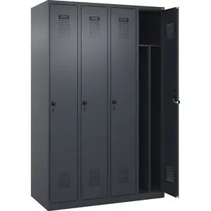 kaiserkraft Schwarz-Weiß-Spind Evolo PLUS, schmal, 4 Abteile, verkürzte Trennwand mittig, grau, B 1200 mm, mit Bodengleitern, Sicherheits-Drehriegel