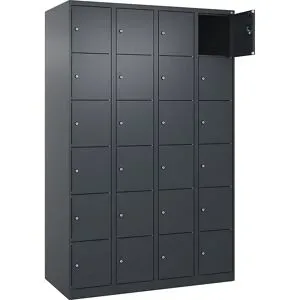 kaiserkraft 6er-Schließfachschrank Evolo PLUS, 4 Abteile, grau, B 1200 mm, 24 Fächer, mit Bodengleitern, Zylinderschloss
