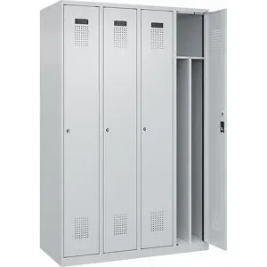 kaiserkraft Schwarz-Weiß-Spind Evolo PLUS, schmal, 4 Abteile, verkürzte Trennwand mittig, lichtgrau, B 1200 mm, mit Bodengleitern, Zylinderschloss