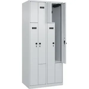 kaiserkraft Z-Spind Evolo PLUS, 2 Abteile, lichtgrau, B 800 mm, 4 Fächer, mit Bodengleitern, Sicherheits-Drehriegel