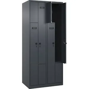 kaiserkraft Z-Spind Evolo PLUS, 2 Abteile, grau, B 800 mm, 4 Fächer, mit Bodengleitern, Sicherheits-Drehriegel