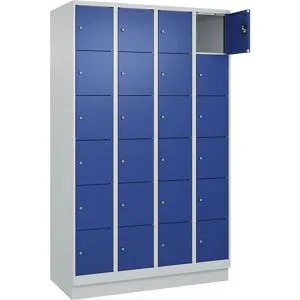 kaiserkraft 6er-Schließfachschrank Evolo PLUS, 4 Abteile, lichtgrau / enzianblau, B 1200 mm, 24 Fächer, mit Bodensockel, Zylinderschloss