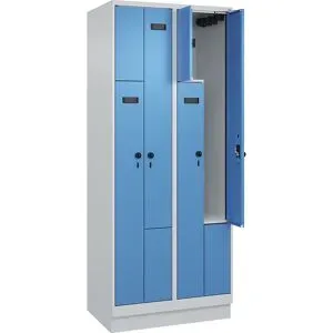kaiserkraft Z-Spind Evolo PLUS, 2 Abteile, lichtgrau / lichtblau, B 800 mm, 4 Fächer, mit Bodensockel, Sicherheits-Drehriegel
