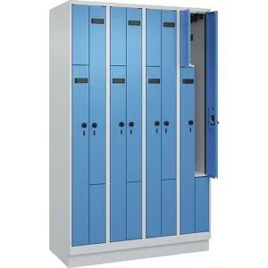 kaiserkraft Z-Spind Evolo PLUS, 4 Abteile, lichtgrau / lichtblau, B 1200 mm, 8 Fächer, mit Bodensockel, Sicherheits-Drehriegel