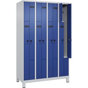 kaiserkraft Z-Spind Evolo PLUS, 4 Abteile, lichtgrau / enzianblau, B 1200 mm, 8 Fächer, mit breiten Füßen, Sicherheits-Drehriegel