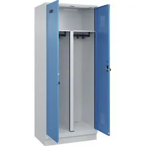 kaiserkraft Schwarz-Weiß-Spind Evolo PLUS, 1 Abteil, verkürzte Trennwand mittig, lichtgrau / lichtblau, B 800 mm, mit Bodensockel, Sicherheits-Drehriegel