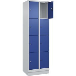 kaiserkraft 4er-Schließfachschrank Evolo PLUS, 2 Abteile, lichtgrau / enzianblau, B 600 mm, 8 Fächer, mit Bodensockel, Zylinderschloss
