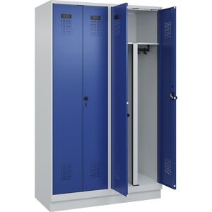 kaiserkraft Schwarz-Weiß-Spind Evolo PLUS, 2 Abteile, verkürzte Trennwand mittig, lichtgrau / enzianblau, B 1200 mm, mit Bodensockel, Sicherheits-Drehriegel