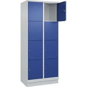 kaiserkraft 4er-Schließfachschrank Evolo PLUS, 2 Abteile, lichtgrau / enzianblau, B 800 mm, 8 Fächer, mit Bodensockel, Zylinderschloss