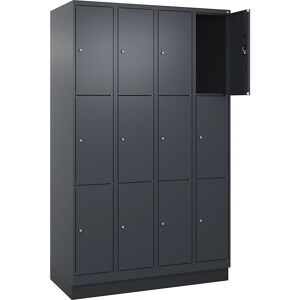 kaiserkraft 3er-Schließfachschrank Evolo PLUS, 4 Abteile, grau, B 1200 mm, 12 Fächer, mit Bodensockel, Zylinderschloss