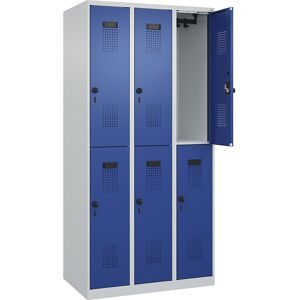 Doppelstock-Spind Evolo PLUS, 3 Abteile, lichtgrau / enzianblau, B 900 mm, mit Bodengleitern, Drehriegel C+P
