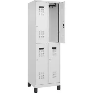 Doppelstock-Spind Evolo PLUS, 2 Abteile, verkehrsweiß, B 600 mm, mit breiten Füßen, Zylinderschloss C+P