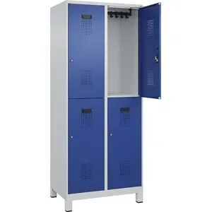 Doppelstock-Spind Evolo PLUS, 2 Abteile, lichtgrau / enzianblau, B 800 mm, mit breiten Füßen, Zylinderschloss C+P