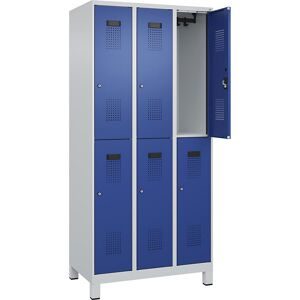 Doppelstock-Spind Evolo PLUS, 3 Abteile, lichtgrau / enzianblau, B 900 mm, mit breiten Füßen, Zylinderschloss C+P
