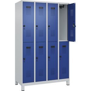 Doppelstock-Spind Evolo PLUS, 4 Abteile, lichtgrau / enzianblau, B 1200 mm, mit breiten Füßen, Drehriegel C+P