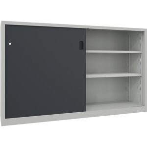 Schwerlast-Schiebetürenschrank, Höhe 1200 mm, Vollblechtüren, BxT 2000 x 600 mm, mit Trennwand und 2 x 2 Fachböden, Tür anthrazit Pavoy