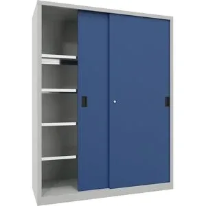 Schwerlast-Schiebetürenschrank, Höhe 1950 mm, Vollblechtüren, BxT 1500 x 600 mm, mit Trennwand und 2 x 4 Fachböden, Tür enzianblau Pavoy