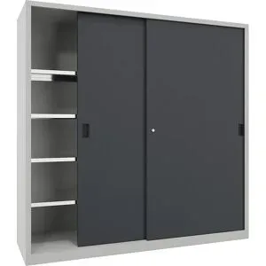 Schwerlast-Schiebetürenschrank, Höhe 1950 mm, Vollblechtüren, BxT 2000 x 600 mm, mit Trennwand und 2 x 4 Fachböden, Tür anthrazit Pavoy